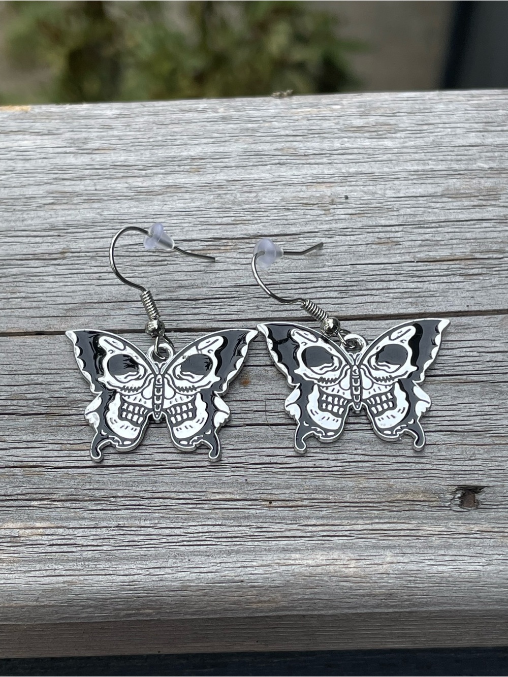 Butterfly Skull Dangle Earrings - Black and Silver tone
